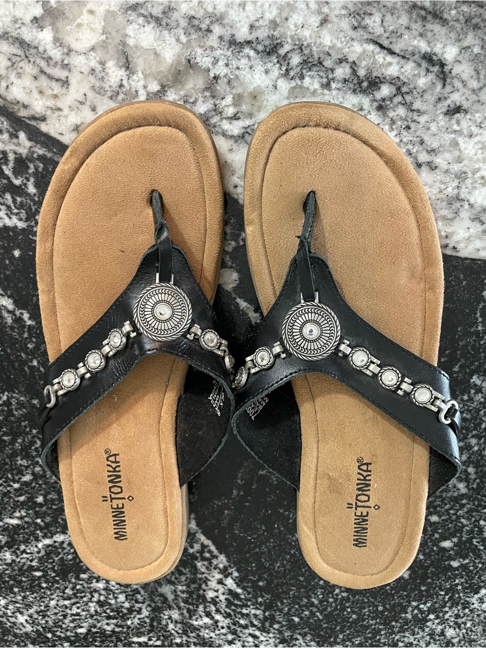 Minnetonka Black Embellished Toe-Post Sandals with Tan Footbed